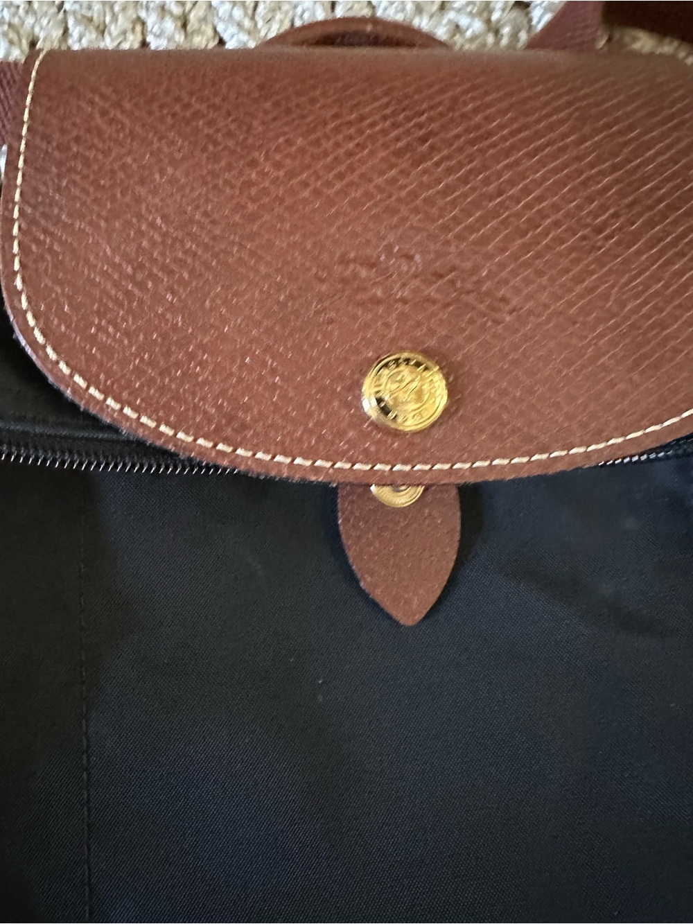 Longchamp Brown Leather Flap Black Nylon Backpack